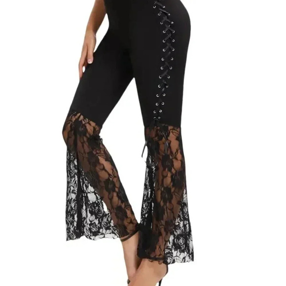 Chic Black Lace-Up Flare Pants - Picture 1 of 2